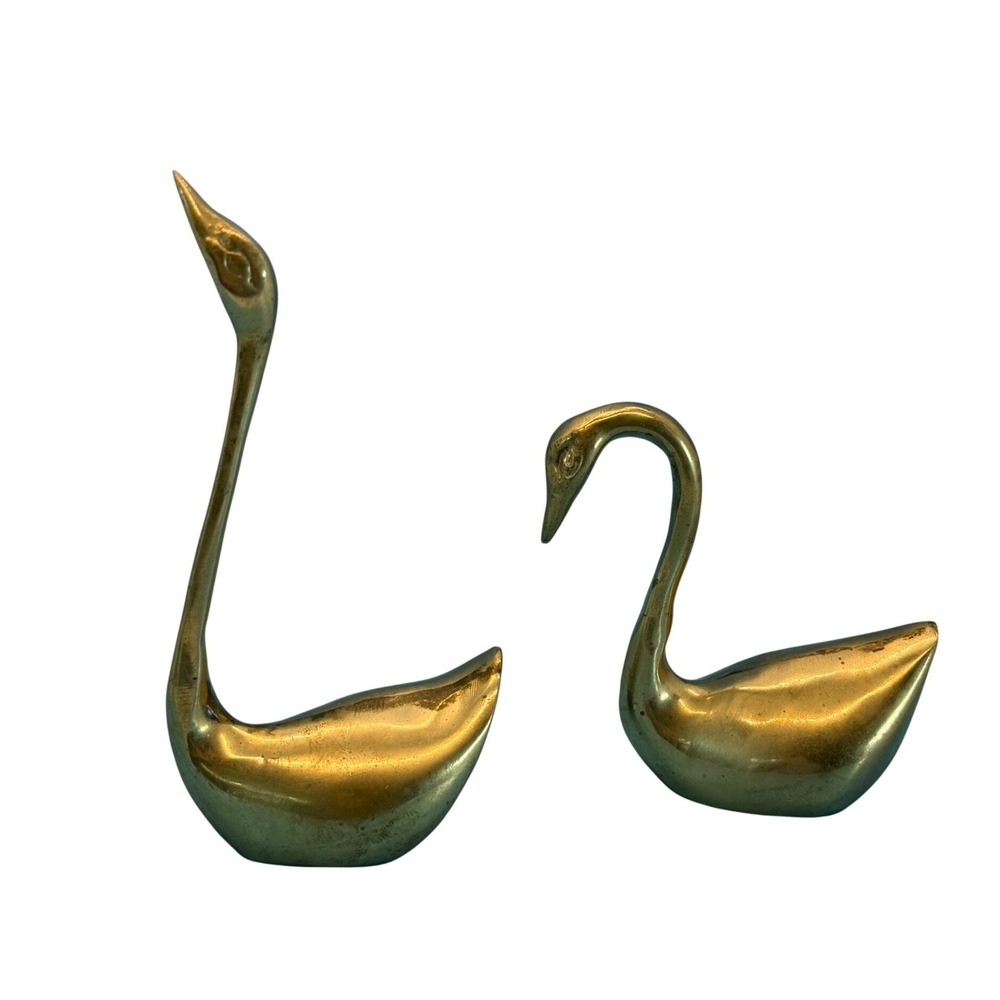 VTG Brass Swan Figurine Set 2 Small Gold Tone MCM Hollywood Regency Bird Statues